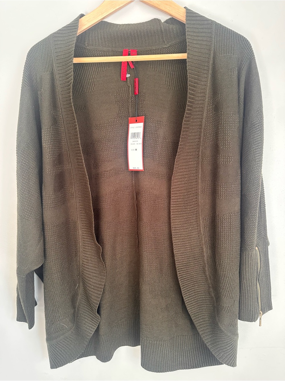 Love Scarlett Olive Cardigan with Gold Zipper Sleeve, medium NWT